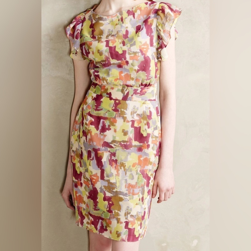 Anthropologie James Caviello Petal Impressions Sheath Ruffle Dress